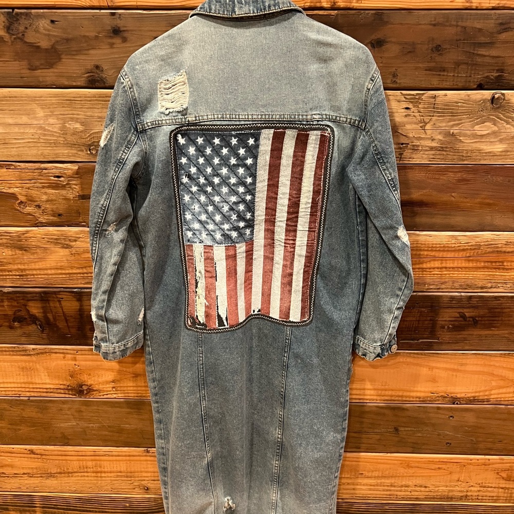 American Flag One-of-a-Kind Distressed Highway Long Jean Custom Duster Jacket